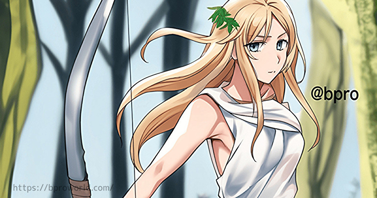 アルテミスの手描きイラスト。ギリシャ神話の狩猟や月の女神を弓矢を持たせたオリジナルイラストで描きました。